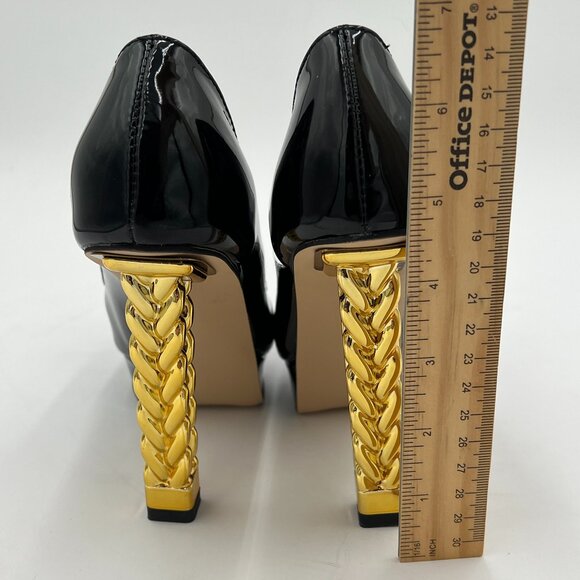 FSJ Black Platform Gold Metal Chain Chunky High Heel Pointed Toe Prom Pumps - Picture 5 of 6